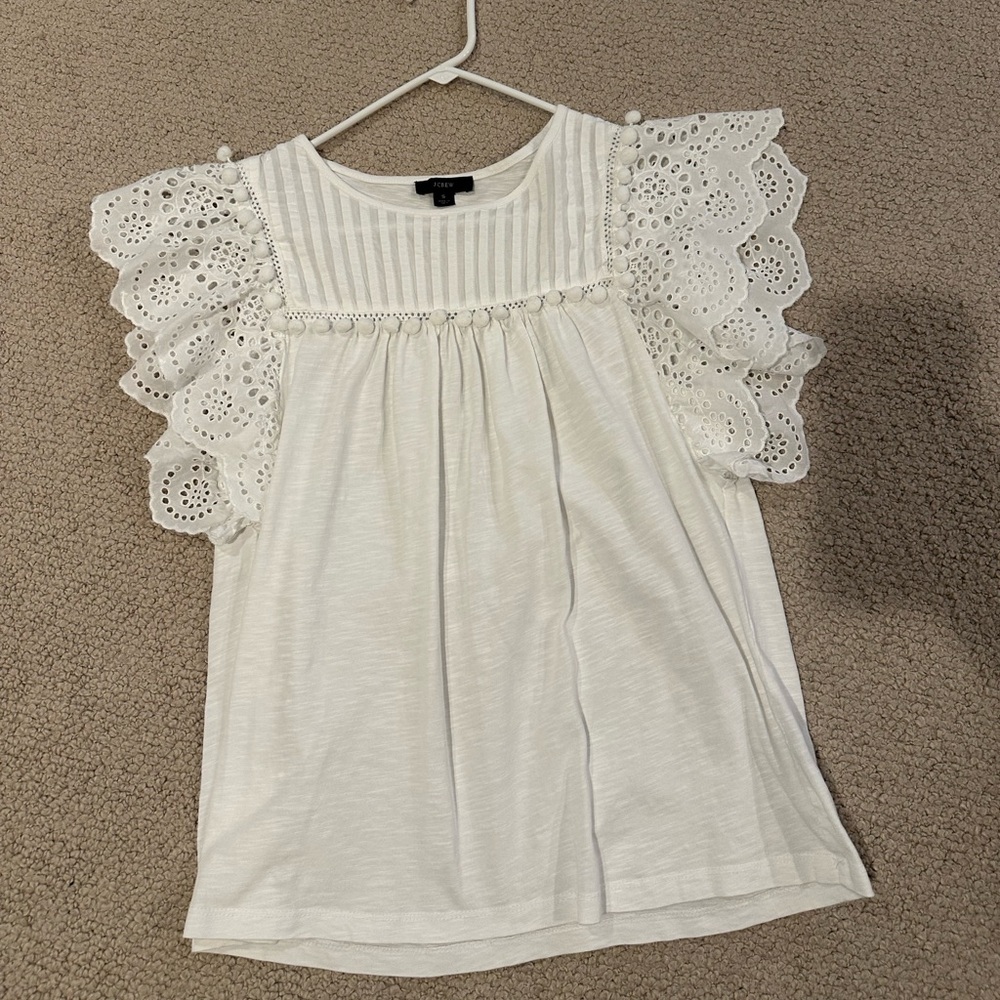 J. Crew White Eyelet Top with Pom Pom Detailing